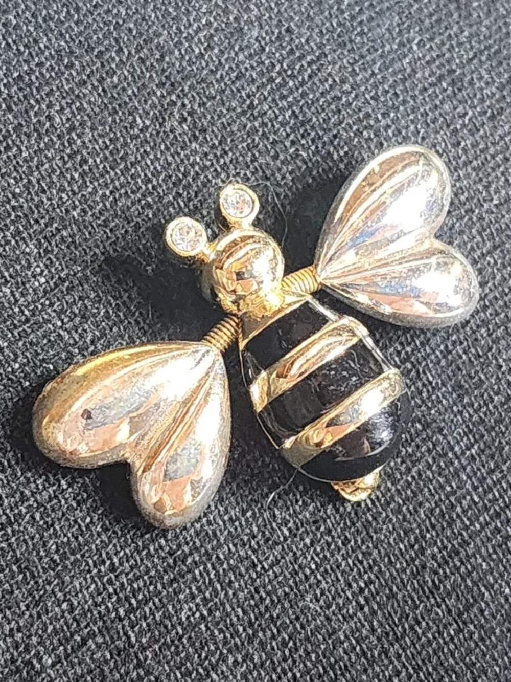 Mixed Metal Vintage Black Enamel Trembler Heart Winged w/Rhinestone Eyes Bee Pin